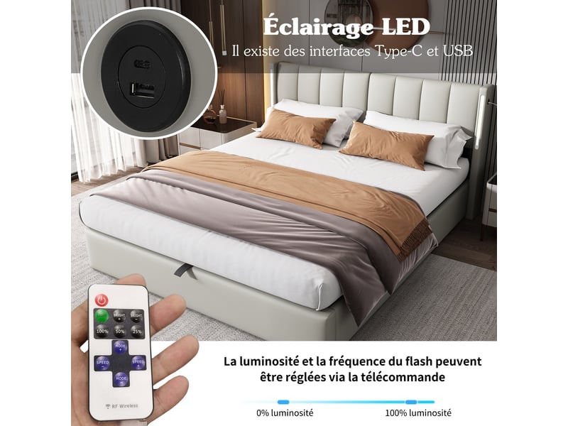  Lit coffre 140x190 cm avec éclairage led, port usb, rangement hydraulique et tête de lit réglable, pu gris  - Conforama D