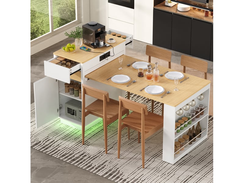 Îlot de cuisine extensible avec rangement, prises usbtype-c et led, blanc  - Conforama D