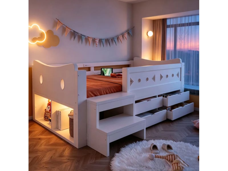 Lit enfant 90x200 cm avec rangements, led et ports usbtype-c blanc  - Conforama E