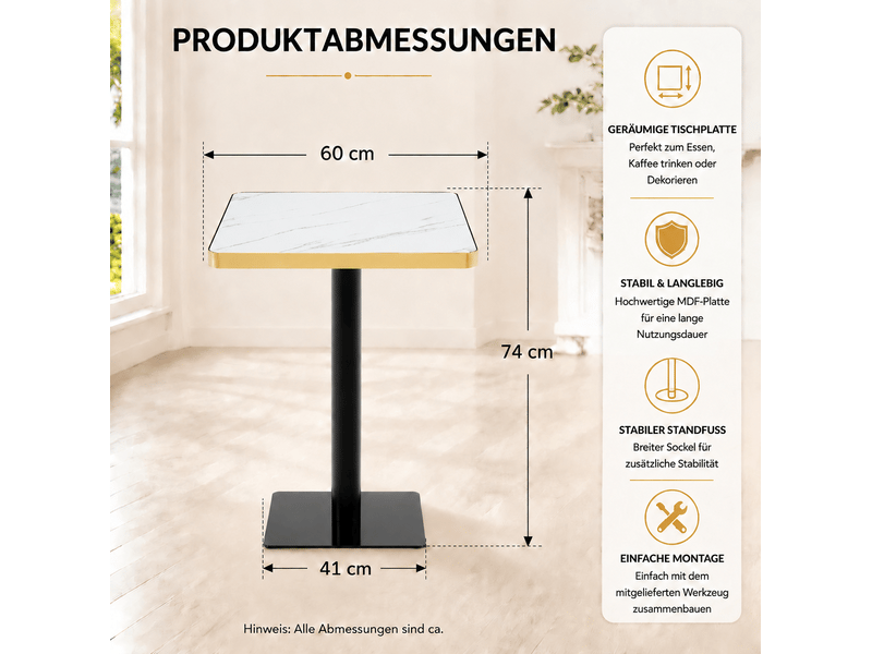  Table à manger carrée avec plateau effet marbre, pied métallique, blanc  - Conforama C