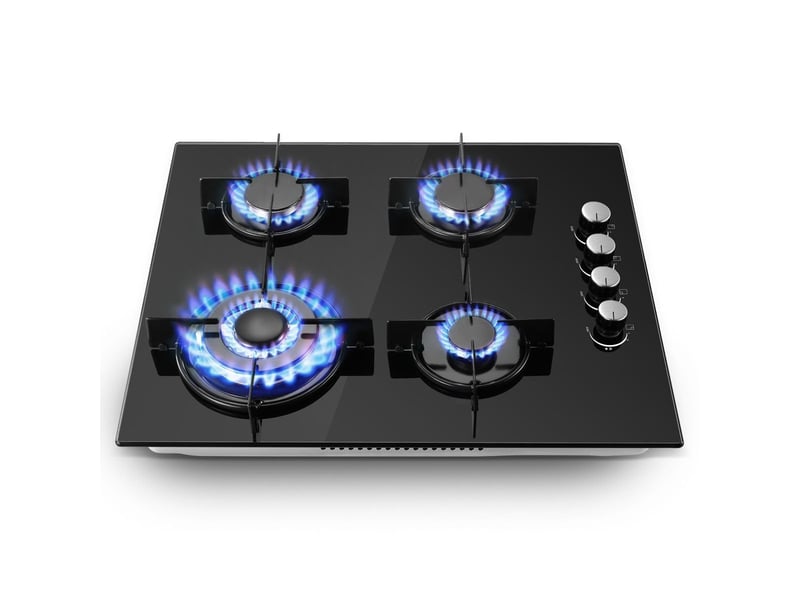  Plaque de cuisson gaz 4 feux, plaque gaz 60 cm en verre trempé noir, 8000 w, encastrable ou posable, gaz naturel et propane  - Conforama A