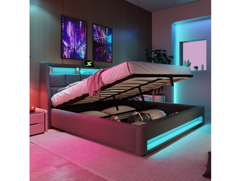Lit coffre double 140 x 200 cm gris avec led, usb et matelas - Conforama C