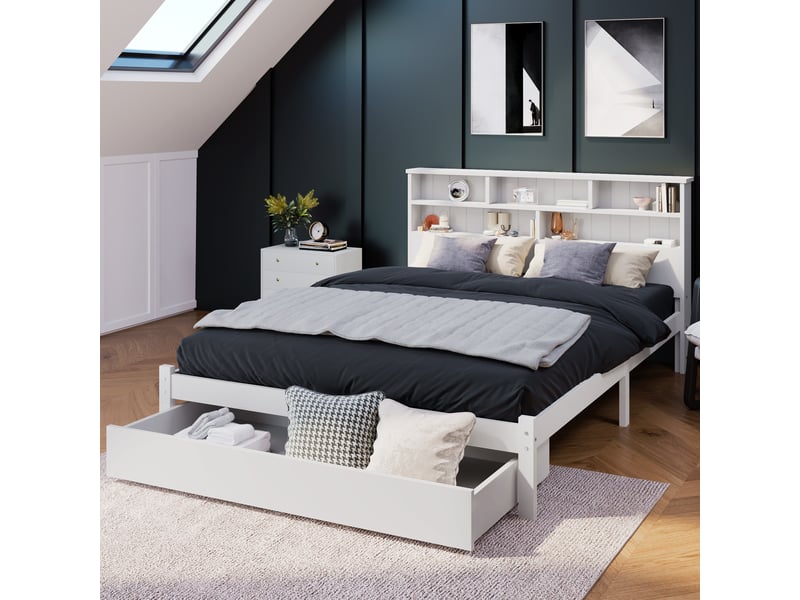  Lit enfant 140 x 200 cm, cadre de lit avec rangement, tiroirs de rangement, étagères ouvertes, sommier à lattes inclus, bois massif, blanc Morn Vibe - Conforama B