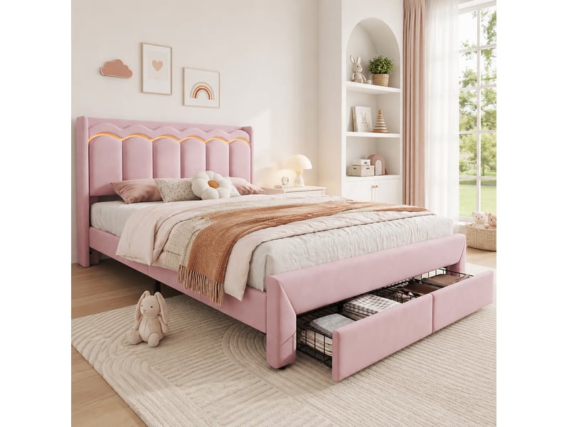Lit avec rangement enfant 140x200 cm en velours rose avec 2 tiroirs et éclairage led - Conforama E