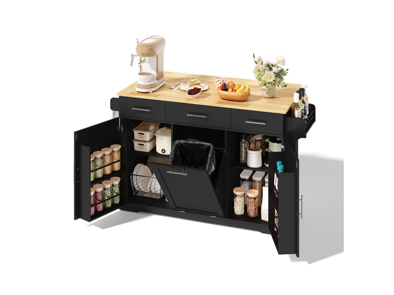 Desserte de cuisine avec plateau rabattable, 3 tiroirs, 2 placards, poubelle et prises, en mdf noir et bois naturel - Conforama A