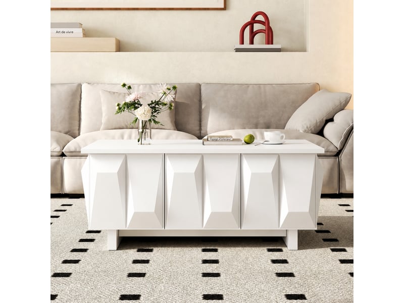  Table basse blanche avec rangement fermé et façades 3d, 95 x 67 x 39,5 cm  - Conforama E