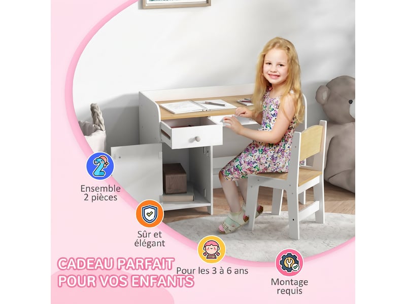  Bureau enfant avec chaise, table enfant avec tiroir, placard et large plateau, 80 x 39 x 59 cm, pour 3 à 6 ans, blanc  - Conforama R