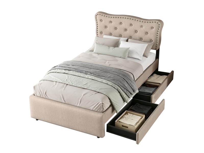  Modenvie lit 1 place 90x200 cm - tête de lit réglable, 2 tiroirs de rangement - usage quotidien - beige  - Conforama A