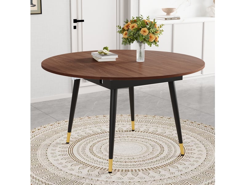 Table à manger extensible, table ronde à ovale, table salon design, plateau mdf, finition noyer, pieds métal dorés - Conforama R