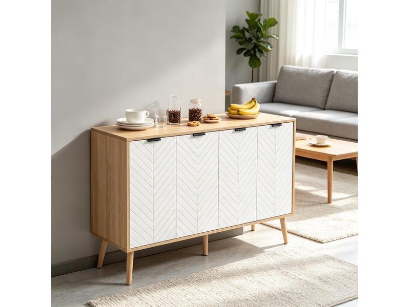  Buffet bas 4 portes blanc  120 x 35 x 77,4 cm avec étagères réglables  - Conforama D