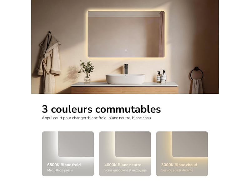  Emke miroir led salle de bain rétroéclairé  60x100 cm, interrupteur tactile, fonction mémoire, 3 couleurs  - Conforama C