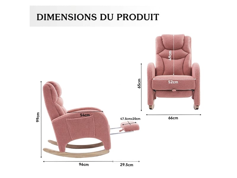  Fauteuil à bascule rose en tissu teddy avec accoudoirs et repose-pieds 110 kg  - Conforama C