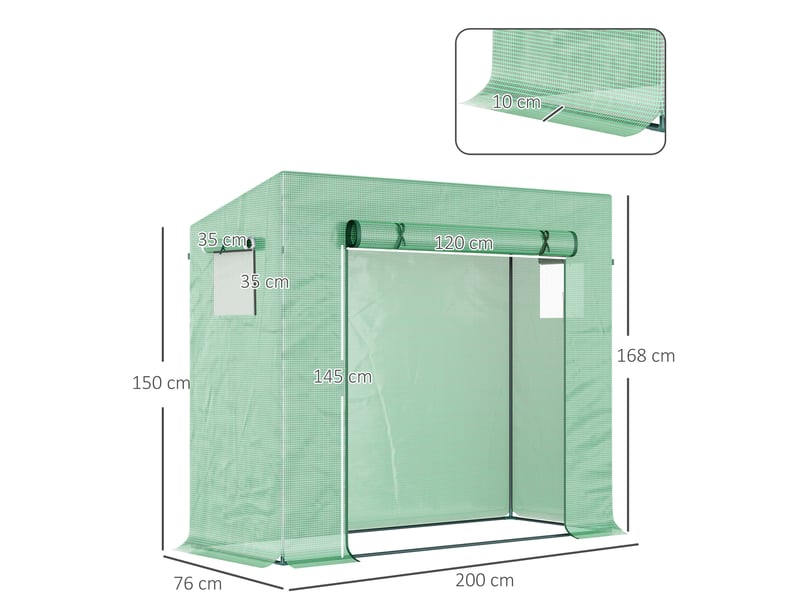  Serre de jardin verte en pe avec cadre acier, porte enroulable et fenêtres latérales, 200 x 76 x 168 cm  - Conforama C