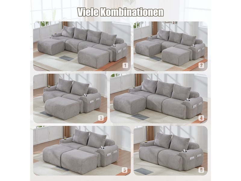 Canapé modulable – canapé de salon, gris clair, porte-gobelets, mobilier pour espace de vie, en velours tricoté - Conforama W
