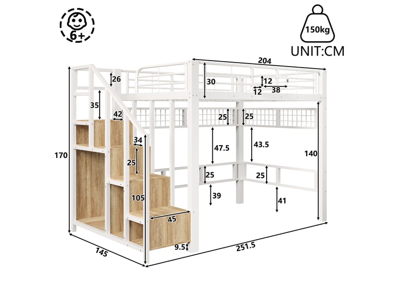 Lit mezzanine lit haut 140x200 cm avec tiroirs, rangements intégrés, led et échelle ou escalier, structure métal, blanc - Conforama E