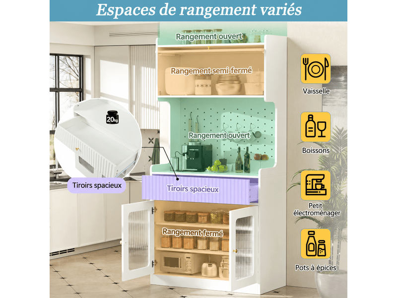  Buffet haut 80x40x180 cm avec led, portes en verre strié, tiroir, rangement modulable et panneau perforé mdf blanc OMNIGLINT TRADING LTD - Conforama E