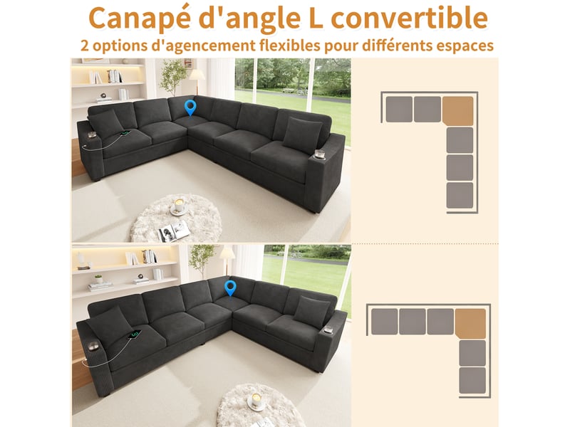  Canapé d'angle modulaire 6 à 7 places avec ports usb et usb-c, porte-gobelets et coussins en velours côtelé gris  - Conforama D
