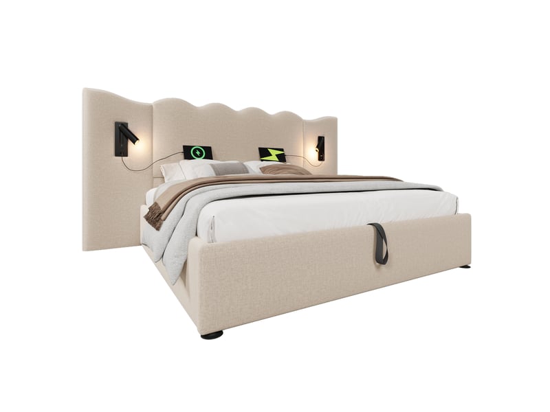 Lit double coffre 160 x 200 cm beige en lin avec matelas, liseuse et charge usb type-c - Conforama A