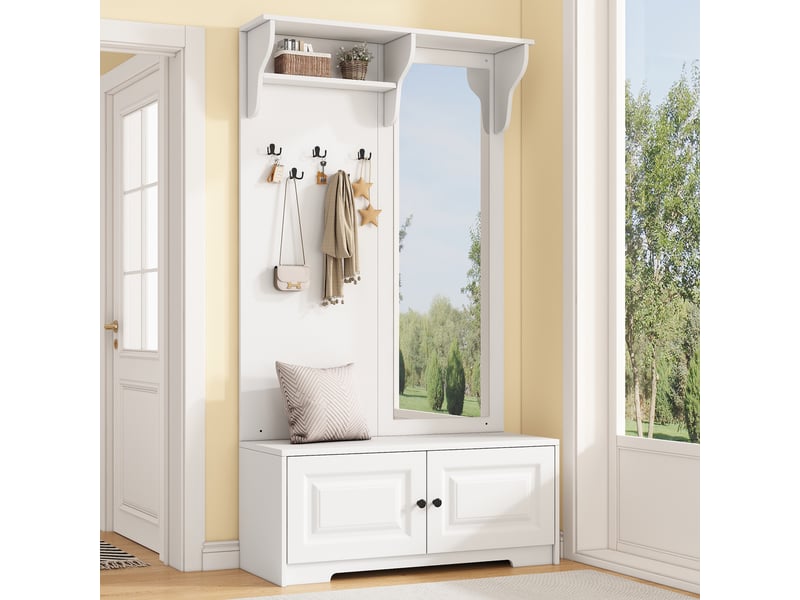 Vestiaire d'entrée avec miroir, porte-manteau d'entrée moderne avec banc à chaussures et 5 patères, mdf 100x40x180cm, blanc - Conforama B