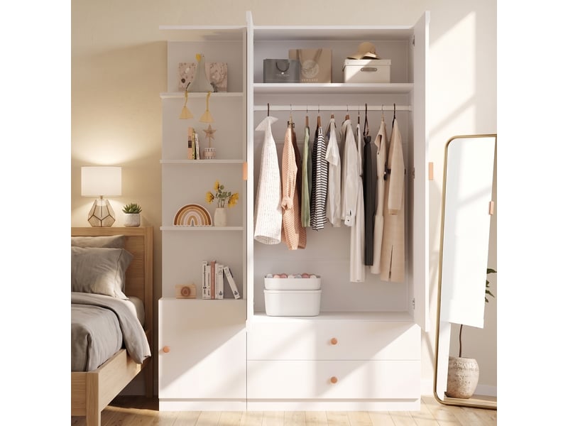 Armoire penderie 135x45x200 cm en mdf avec 2 portes, rangement latéral, 2 tringles et 2 tiroirs, dressing multifonction pour chambre - blanc - Conforama D