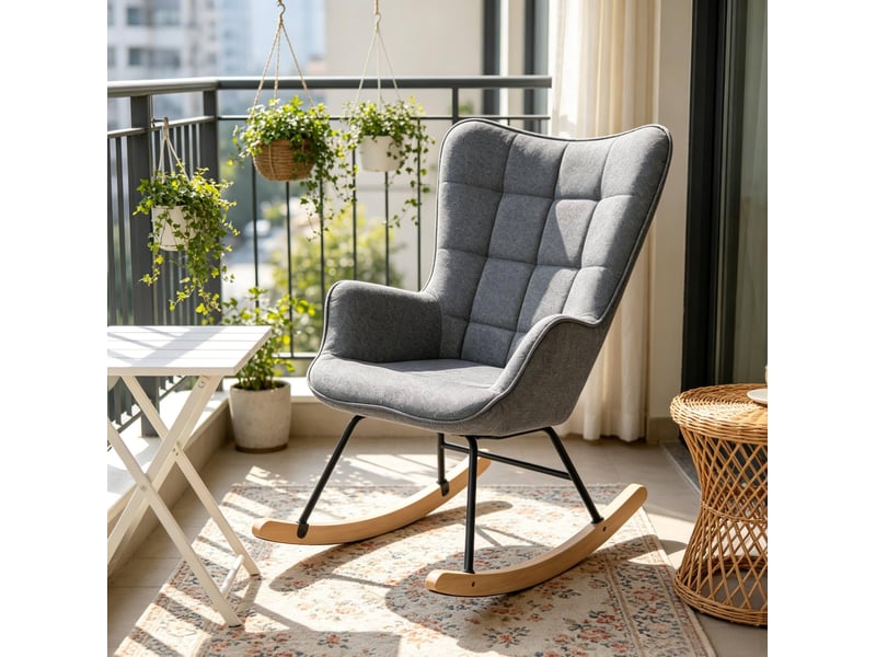  Fauteuil à bascule avec dossier haut et design ergonomique en velours, métal et bois gris foncé  - Conforama B