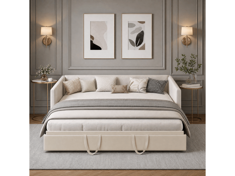  Canapé-lit 90/180 x 200 cm, lit de jour convertible pour 2 adultes, lit rembourré avec lit d'appoint coulissant et sommier à lattes, convertible en lit double, velours, beige, sans matelas  - Conforama C