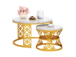 Table basse gigogne ronde 70x70x4545x45x37 cm, coloris blanc et dore