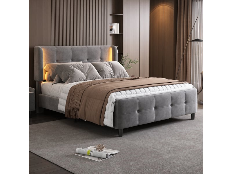  Lit double 140x200cm, velours gris, bandeau led multicolore, dossier réglable, tête et pied matelassés, style élégant  - Conforama D
