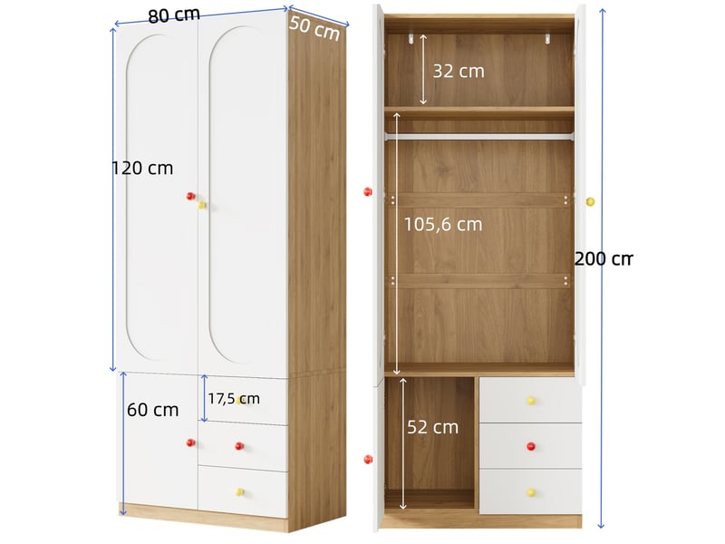  Lot de 2 armoires 2 portes 160x50x200 cm – blanc – 6 tiroirs, 2 penderies et étagères en mdf  - Conforama C