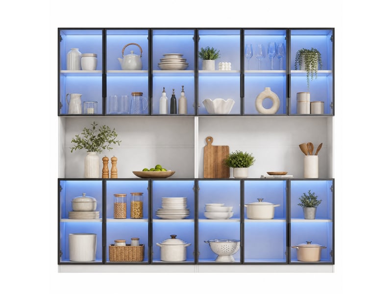  Vitrine haute 240x34x200 cm, 12 portes en verre, led contrôlée par application, niches, mdf, blanc  - Conforama A