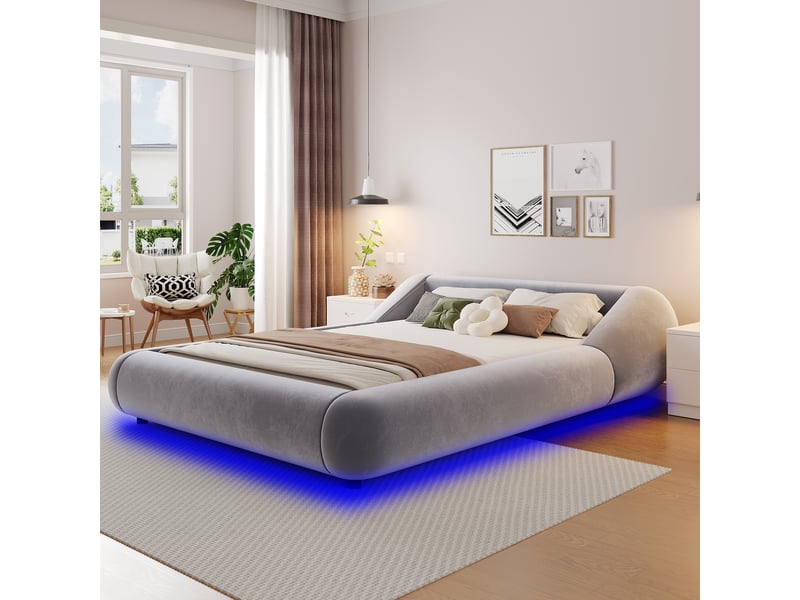 Lit 2 places 140x200 cm en velours avec tête de lit enveloppante, cadre flottant led, design arrondi moderne gris - Conforama B