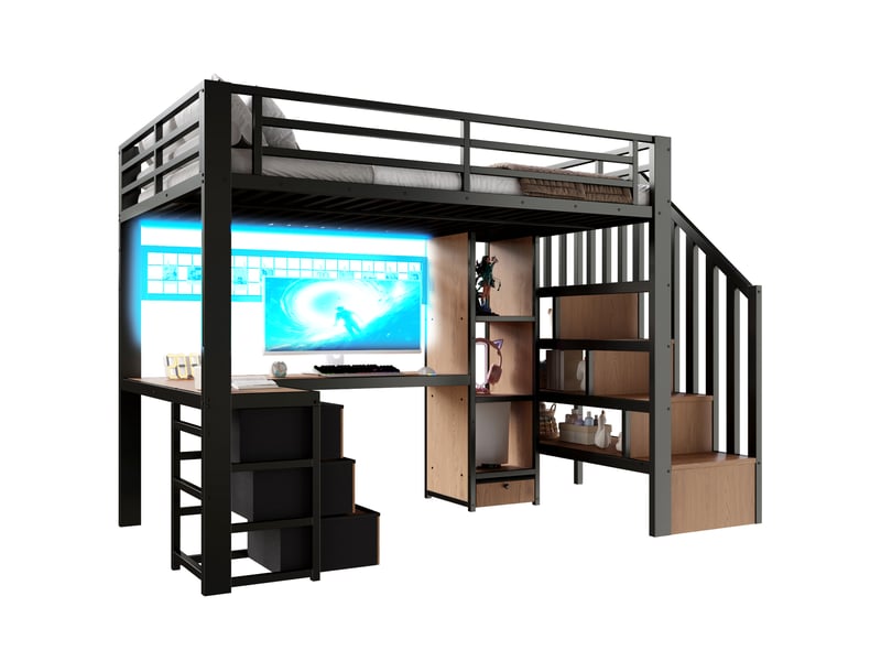 Lit mezzanine enfant 90x200 cm avec bureau, escalier avec rangement, 4 tiroirs, led, cadre métallique et mdf, noir Radiant Stride - Conforama A
