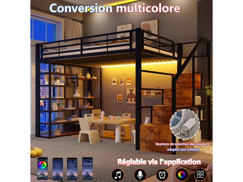 Lit mezzanine, 140 × 200 cm, noir, mdf et métal, tiroirs, rangements, garde-corps, échelle, espace ouvert dessous, led via app - Conforama C