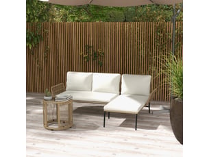 Salon de jardin avec 1 bain de soleil, 1 canapé 2 places et 1 table basse, rotin pe, métal et polyester, blanc crème