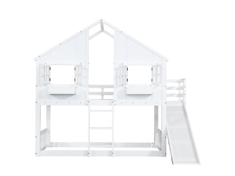 Lit superposé enfant 90x200 cm, lit cabane avec toboggan et fenêtre, en bois massif de pin et mdf, blanc - Conforama D