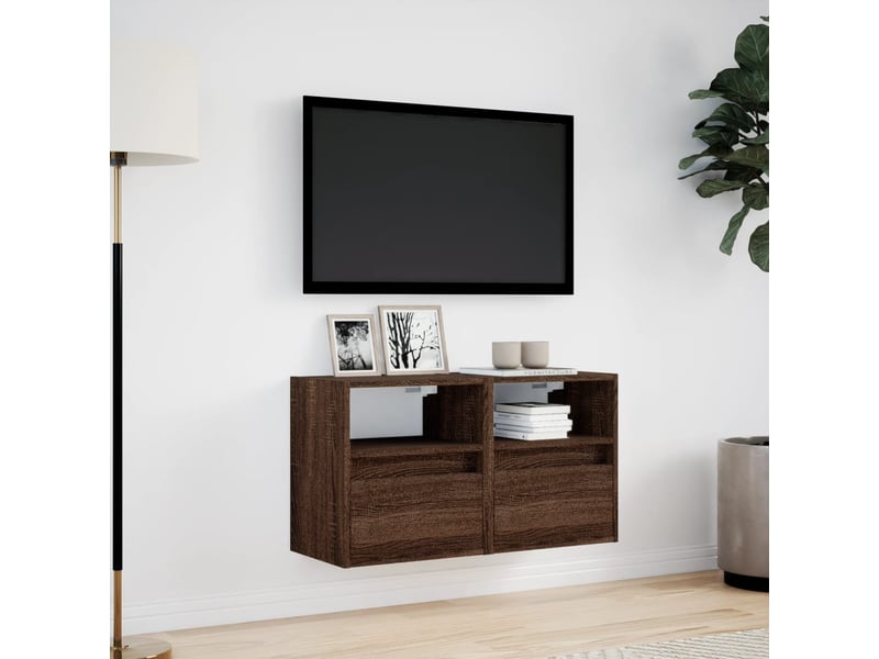 Lot de 2 meuble tv mural avec lumières led chêne marron 41x31x45 cm - Conforama D