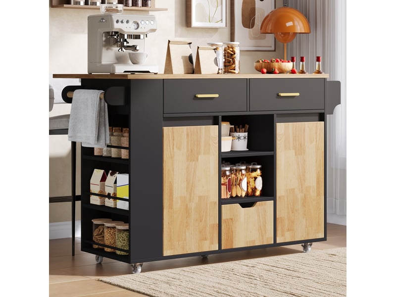 Desserte de cuisine 120 x 45(71) cm avec plateau rabattable, 3 tiroirs, noir naturel - Conforama E