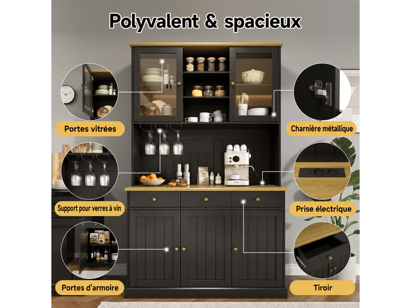  Buffet haut 120x40x191 cm avec portes vitrées, porte-verres, tiroir et rangement réglable, prises usb-c et usb-a, noir OMNIGLINT TRADING LTD - Conforama D