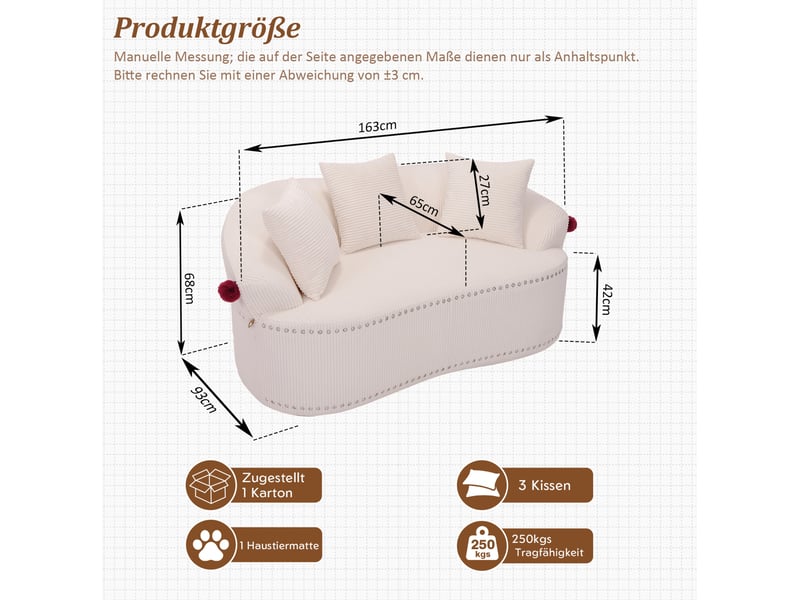  Canapé droit 2 places aux lignes courbes avec 3 coussins et tapis  de compagnie en velours côtelé blanc  - Conforama C
