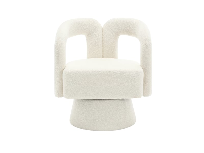  Fauteuil crapaud pivotant 360° 67x55x74cm – fauteuil tonneau lounge au design évidé avec socle en métal – tissu bouclé - blanc  - Conforama A