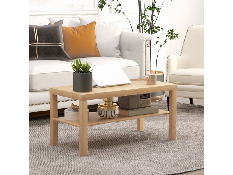  Table basse de salon rectangulaire à 2 niveaux avec étagère de rangement en bois naturel de dimensions 90 x 45 x 44,5 cm  - Conforama D
