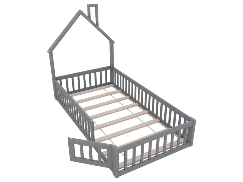  Lit cabane enfant 90x200 gris, lit avec forme de cheminée et barrières de sécurité, sommier à lattes inclus, bois de pin  - Conforama A