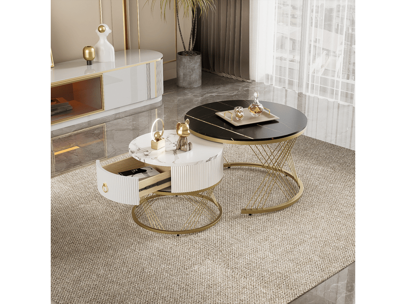 Tables basses gigognes avec 1 tiroir et pieds réglables, effet marbre et détails dorés, en mdf, noir - uvrion - Conforama C