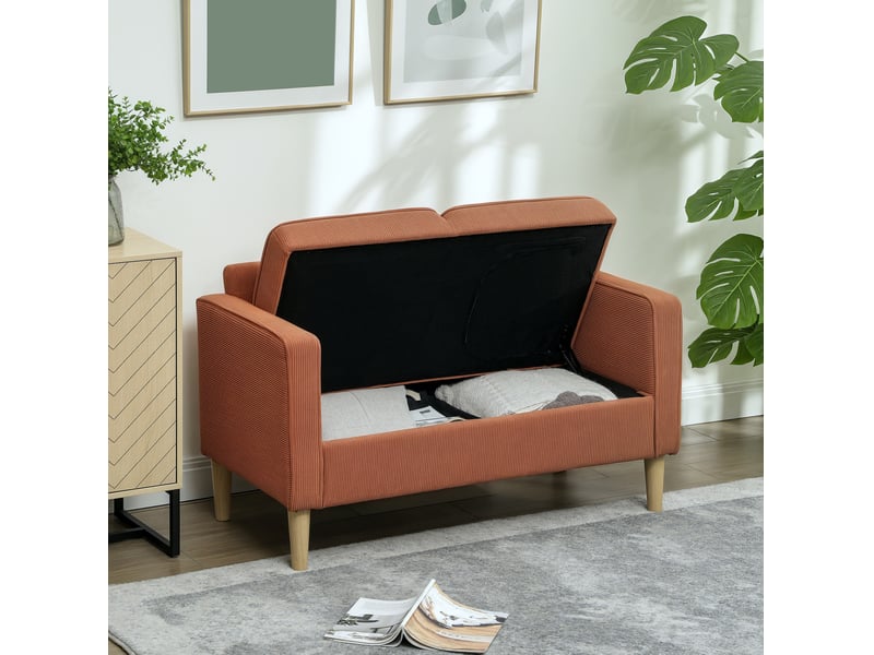  Canapé 2 places 117 x 63 x 79 cm orange polyester côtelé, rangement caché et coussins amovibles  - Conforama D
