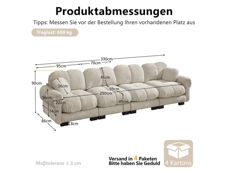  Canapé modulable 4 places, avec accoudoirs élégants, coussins épais, dossier ergonomique, 330x86x90cm, kaki clair chenille  - Conforama C
