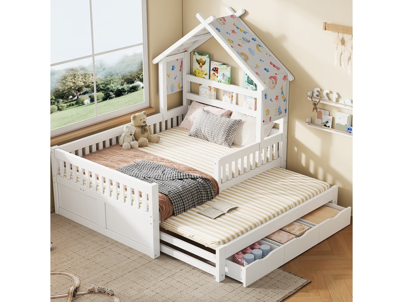  Lit cabane 140x200 cm, lit gigogne, 3 tiroirs, barrières sécurité enfant, chambre enfant, mdf, blanc, sans matelas  - Conforama W