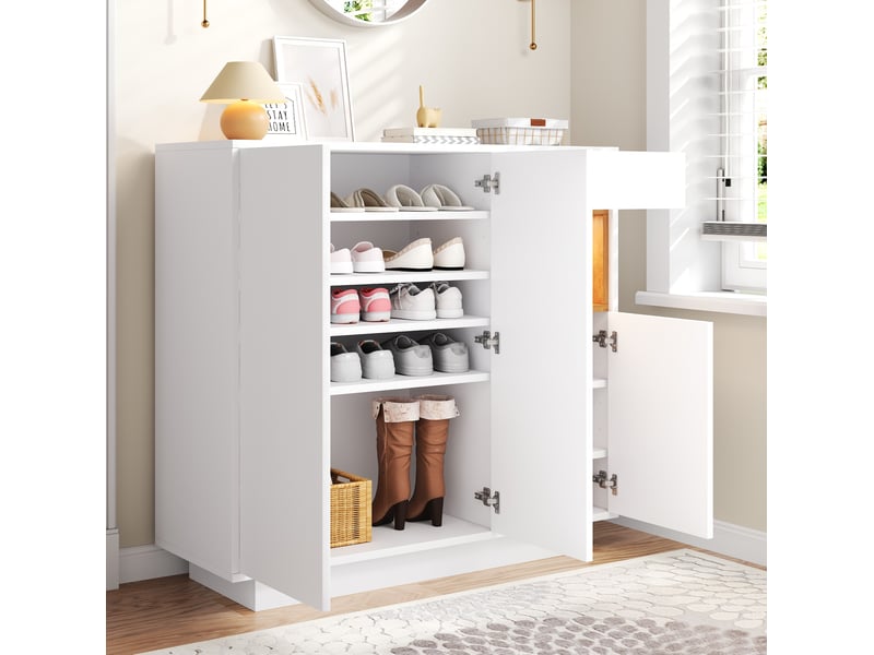  Meuble à chaussures 105x39,5x100,5 cm, meuble d'entrée avec led et tiroir, panneaux de particules, blanc et naturel  - Conforama B