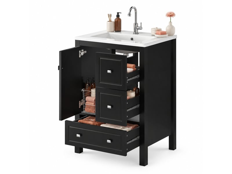 Meuble sous vasque 62x47x90 cm 1 porte 3 tiroirs mdf noir - Conforama A