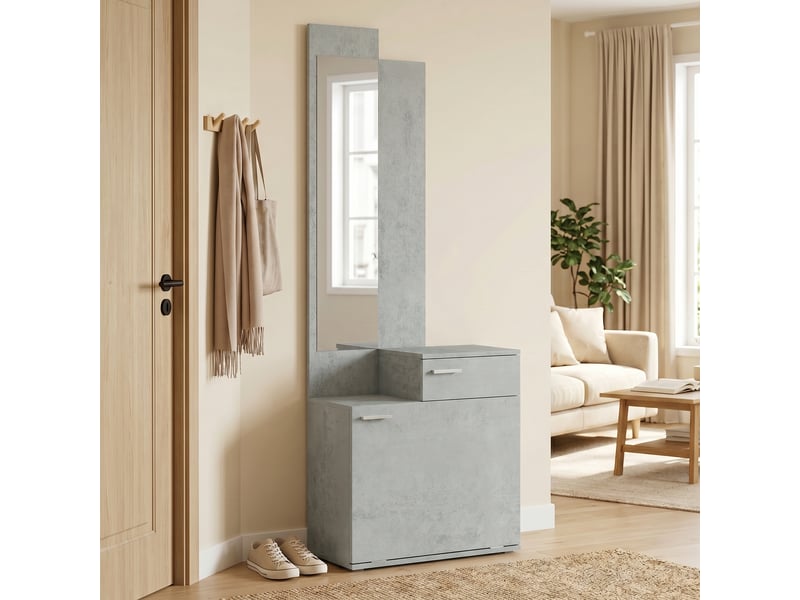  Ensemble meuble d'entrée avec meuble à chaussures abattant, tiroir et plateau, vestiaire avec miroir, gris  - Conforama D