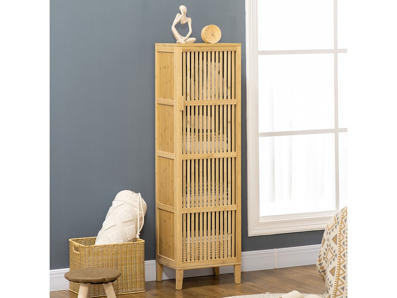  Meuble de rangement en bambou avec étagères et porte à lattes pour salle de bain, chambre, salon, 40 x 30 x 140 cm  - Conforama D